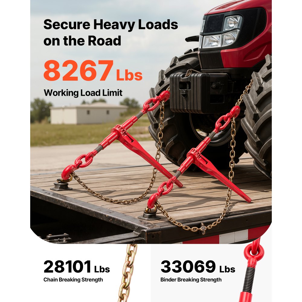VEVOR Chain and Binder Kit 3/8in-1/2in, Ratchet Load Binders 9215lbs Working Strength, Ratchet Binders and Chains, 3/8in x 10ft Chains with G70 Hooks, for Truck, Tie Down, Hauling, Towing