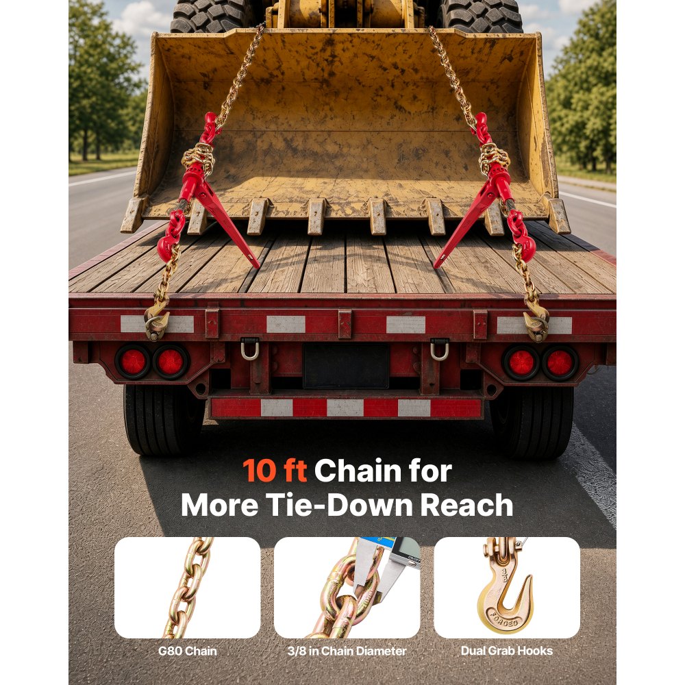 VEVOR Chain and Binder Kit 3/8in-1/2in, Ratchet Load Binders 9215lbs Working Strength, Ratchet Binders and Chains, 3/8in x 10ft Chains with G70 Hooks, for Truck, Tie Down, Hauling, Towing