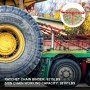 VEVOR chain and binder kit securing heavy machinery on a flatbed truck.