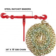 VEVOR Chain and Binder Kit 3/8in-1/2in, Ratchet Load Binders 9215lbs Working Strength, Ratchet Binders and Chains, 3/8in x 10ft Chains w/ G70 Hooks, for Truck, Tie Down, Hauling, Towing