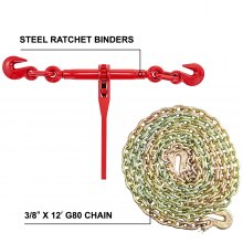 VEVOR Chain and Binder Kit 3/8in-1/2in, Ratchet Load Binders 9215lbs Working Strength, Ratchet Binders and Chains, 3/8in x 12ft Chains w/ G70 Hooks, for Truck, Tie Down, Hauling, Towing