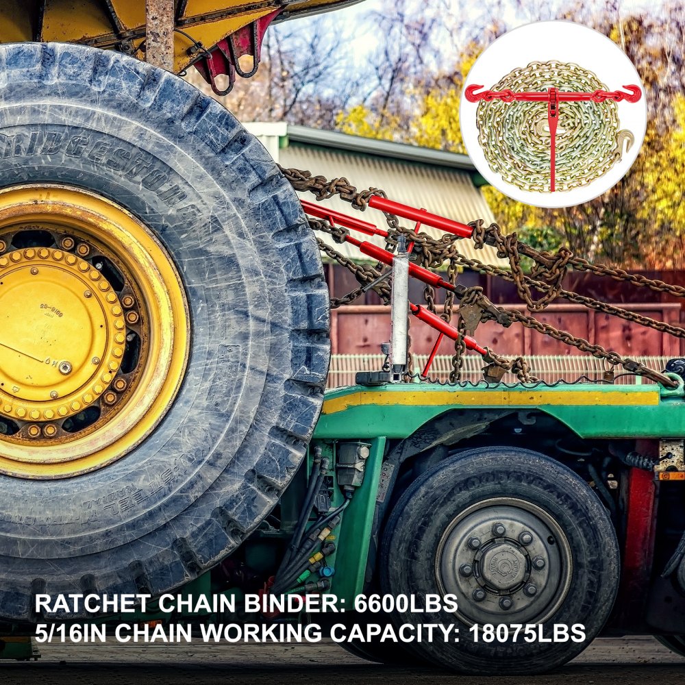 VEVOR Chain and Binder Kit 5/16in-3/8in, Ratchet Load Binders 6600lbs Working Strength, Ratchet Binders and Chains, 5/16in x 12ft Chains w/ G70 Hooks, for Truck, Tie Down, Hauling, Towing