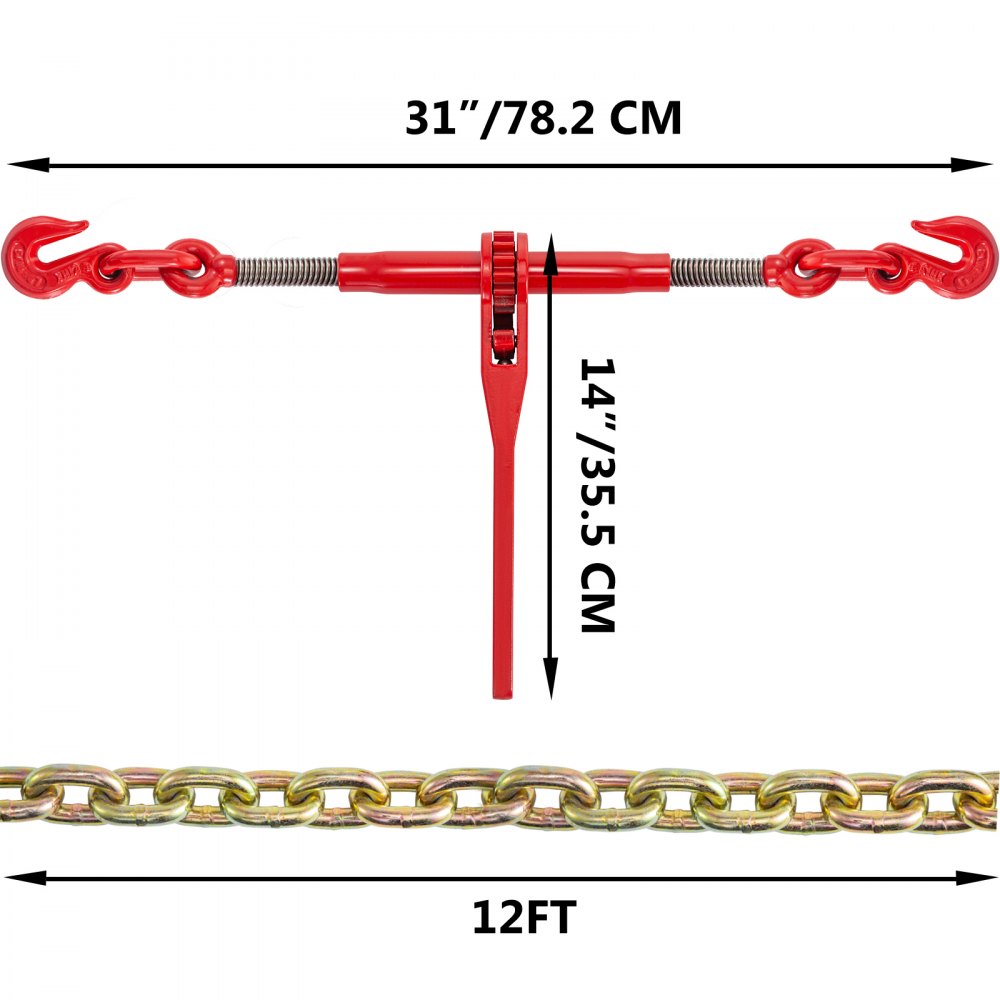 VEVOR Chain and Binder Kit 5/16in-3/8in, Ratchet Load Binders 6600lbs Working Strength, Ratchet Binders and Chains, 5/16in x 12ft Chains w/ G70 Hooks, for Truck, Tie Down, Hauling, Towing