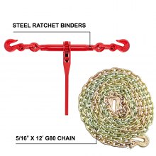 VEVOR Chain and Binder Kit 5/16in-3/8in, Ratchet Load Binders 6600lbs Working Strength, Ratchet Binders and Chains, 5/16in x 12ft Chains w/ G70 Hooks, for Truck, Tie Down, Hauling, Towing