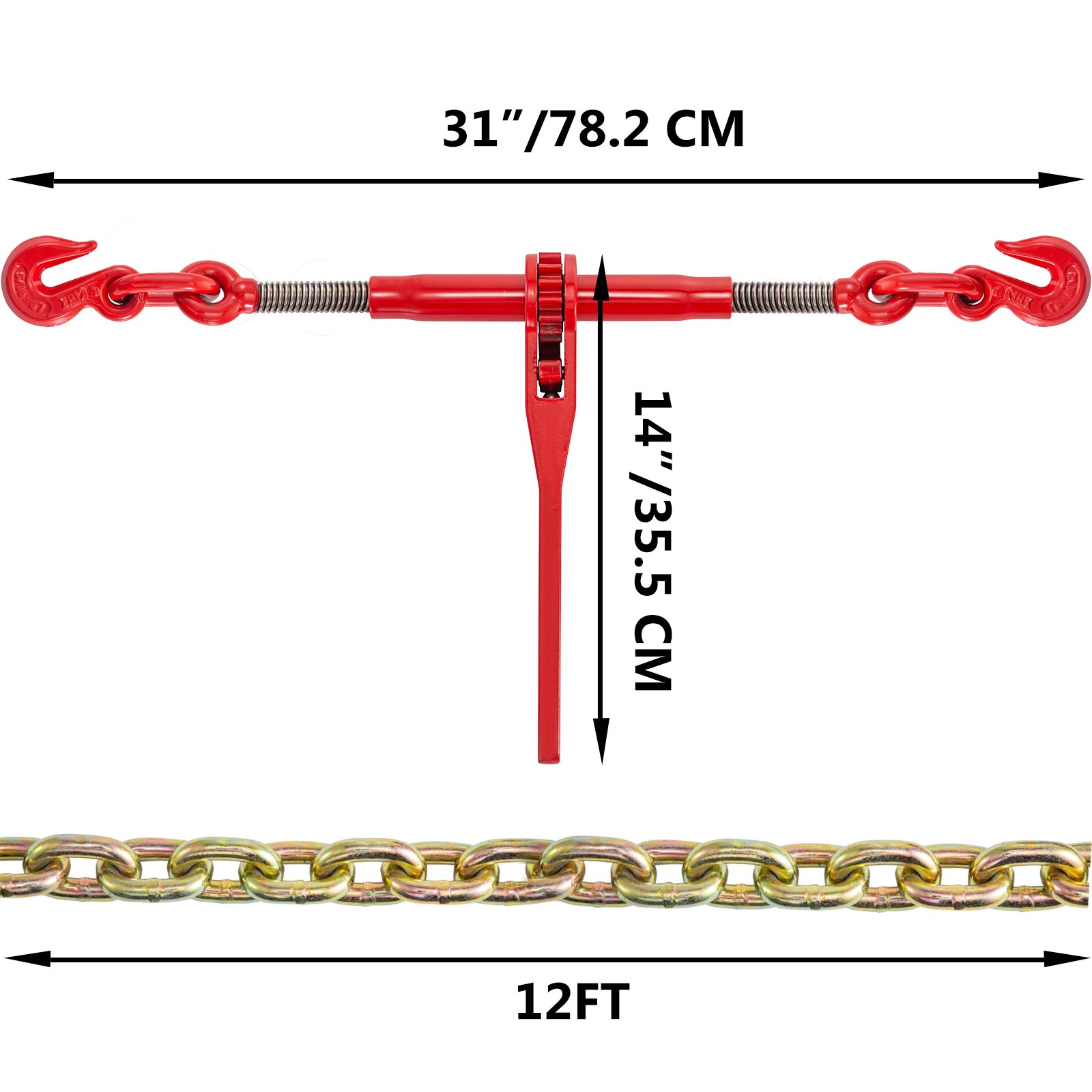 VEVOR Chain and Binder Kit 5/16in-3/8in, Ratchet Load Binders 6600lbs Working Strength, Ratchet Binders and Chains, 5/16in x 12ft Chains w/ G70 Hooks, for Truck, Tie Down, Hauling, Towing