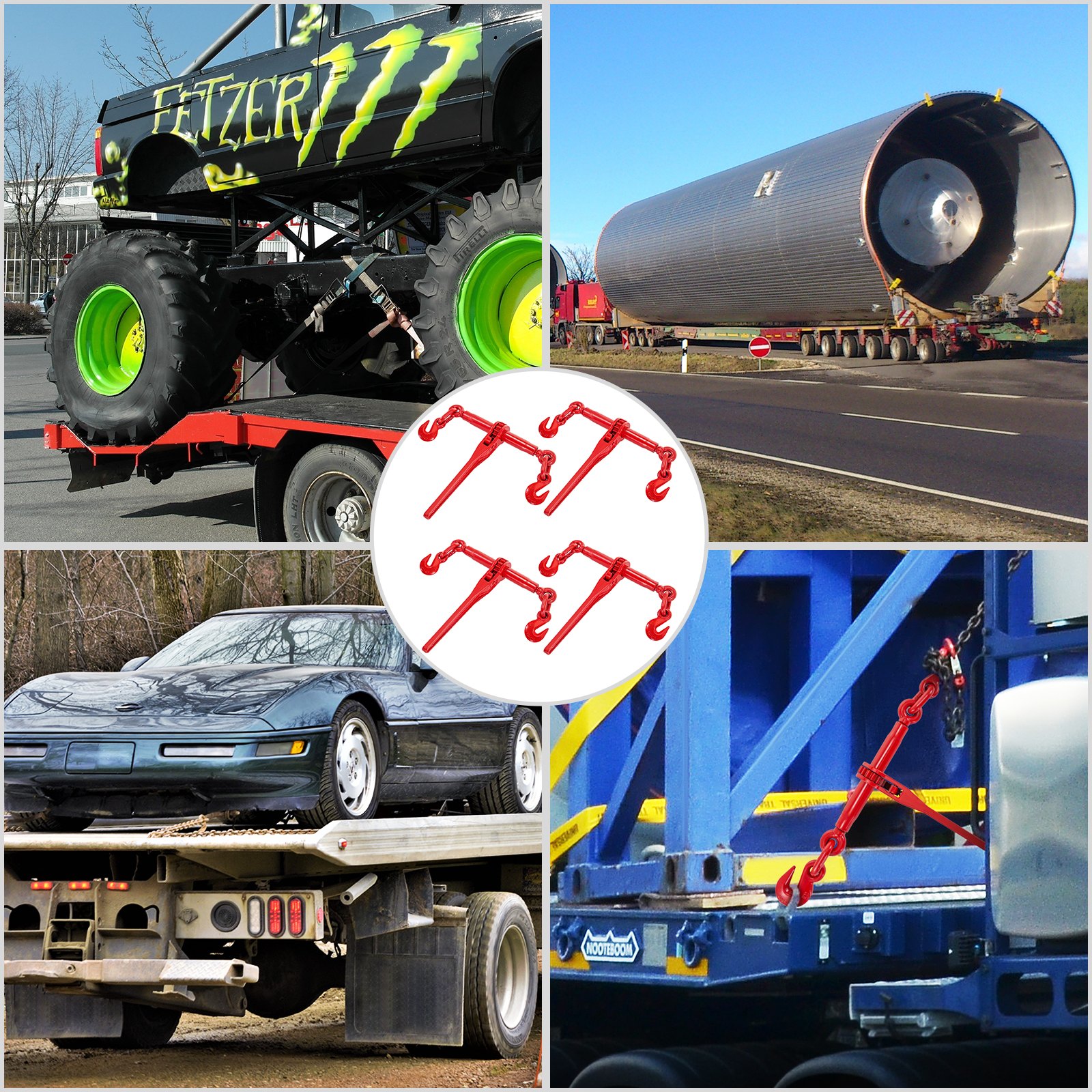 Láncos kötöző 3/8-1/2 hüvelyk, Racsnis teherbírású kötöző 9215 font teherbírással, Racsnis emelőkaros kötöző G70 horgokkal, állítható hosszúságú, Racsnis láncos kötöző kikötéshez, vontatáshoz, szállításhoz, 4 darabos piros színben