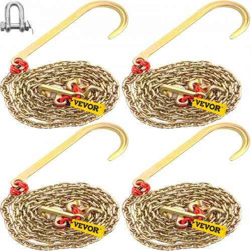 VEVOR J Hook Chain, 5/16 in x 10 ft Tow Chain Bridle, Grade 80 J Hook Transport Chain, 9260 Lbs Break Strength with RTJ Hooks & Grab Hooks, Tow Hooks for Trucks, J Hooks Towing Straps 4Pcs