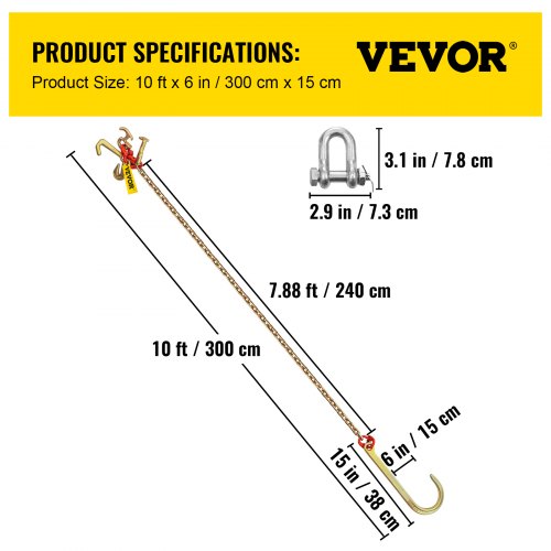 VEVOR J Hook Chain, 5/16 in x 10 ft Bridle Tow Chain, G80 Bridle Transport