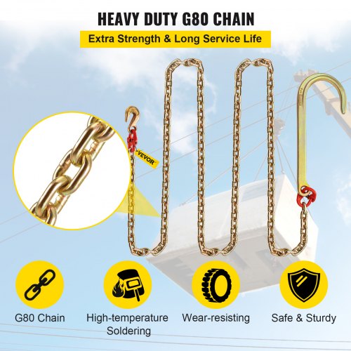 VEVOR J Hook Chain, 5/16 in x 10 ft Tow Chain Bridle, Grade 80 J Hook Transport Chain, 9260 Lbs Break Strength with J Hook & Grab Hook, Tow Hooks for Trucks, Heavy Duty J Hook and Chain Shorteners