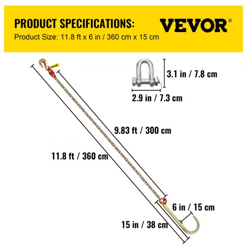 VEVOR J Hook Chain, 5/16 in x 10 ft Tow Chain Bridle, Grade 80 J Hook Transport Chain, 9260 Lbs Break Strength with J Hook & Grab Hook, Tow Hooks for Trucks, Heavy Duty J Hook and Chain Shorteners