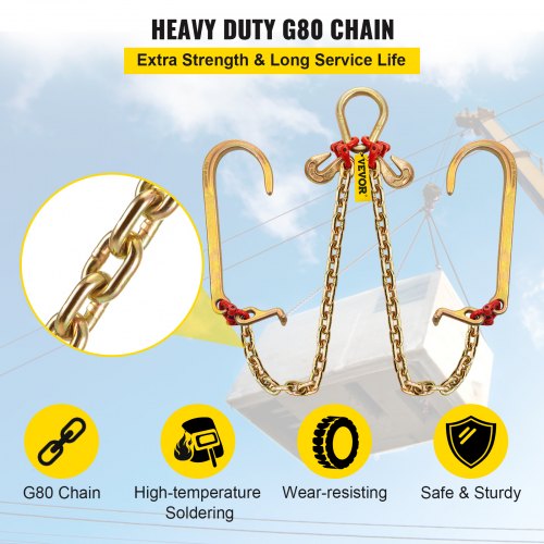VEVOR V Bridle Chain, 5/16 in x 2 ft Bridle Tow Chain, Grade 80 V-Bridle Transport Chain, 9260 Lbs Break Strength with TJ Hooks and Crab Hooks, Heavy Duty Pear Link Connector and Chain Shorteners