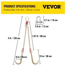 VEVOR V Bridle Chain, 8 mm x 60 cm Bridle Tow Chain, Grade 80 V-Bridle Transport Chain, 4898 kg Break Strength with TJ Hooks and Crab Hooks, Heavy Duty Pear Link Connector and Chain Shorteners