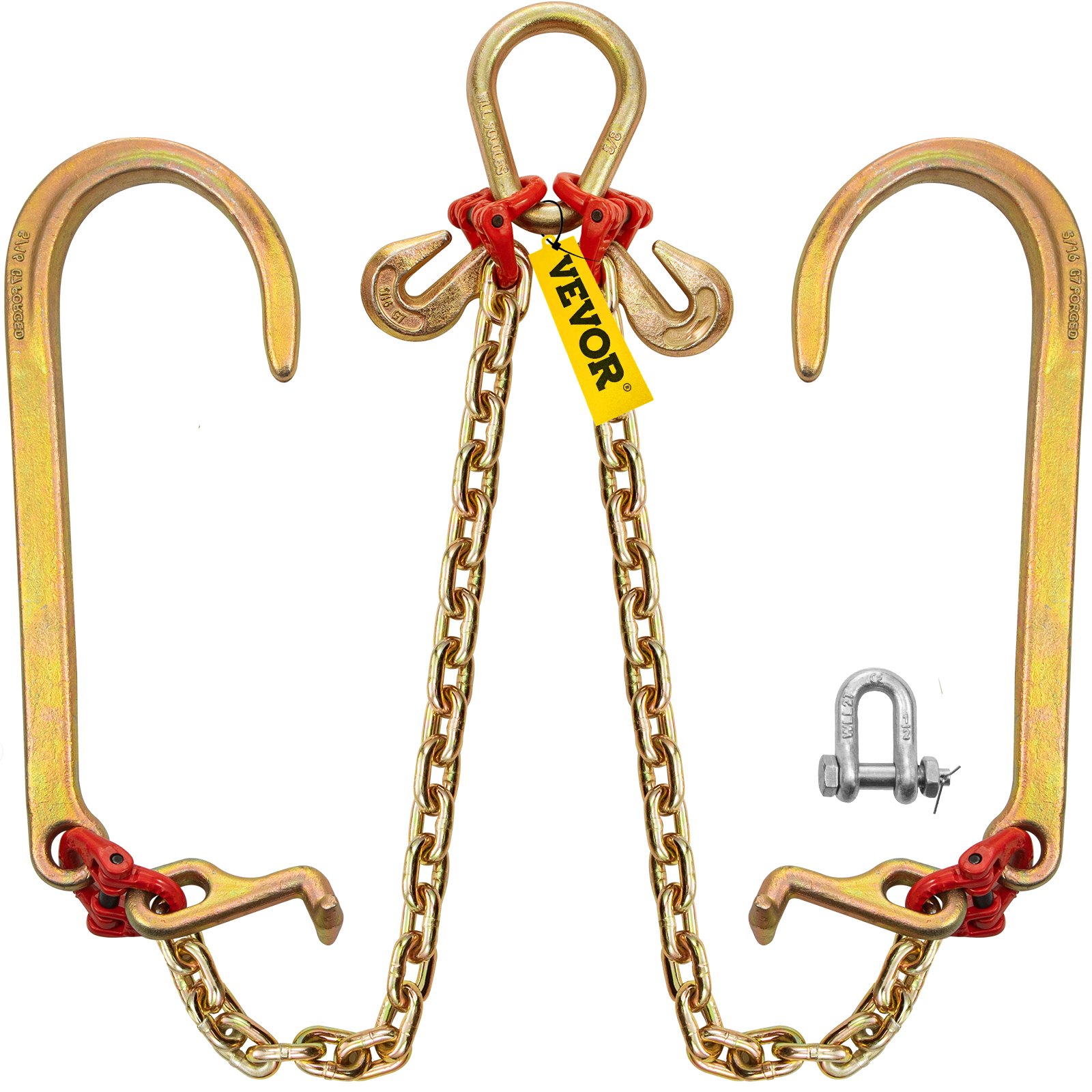 VEVOR V Bridle Chain, 5/16 in x 2 ft Bridle Tow Chain, Grade 80 V-Bridle Transport Chain, 9260 Lbs Break Strength with TJ Hooks and Crab Hooks, Heavy Duty Pear Link Connector and Chain Shorteners
