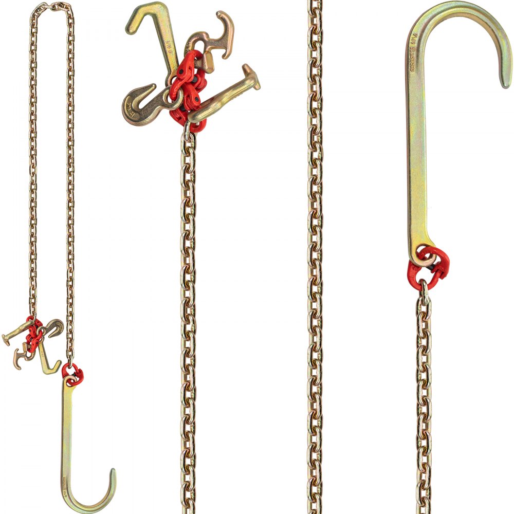 VEVOR J Hook Chain, 2PCS 8 mm x 300 cm G80 Long Shank J Hook Tow Chain with RTJ Cluster Hook & Grab Hook, 2448 kg Working Load, Heavy Duty Transport Truck Chain for Wrecker Recovery Trailer Towing