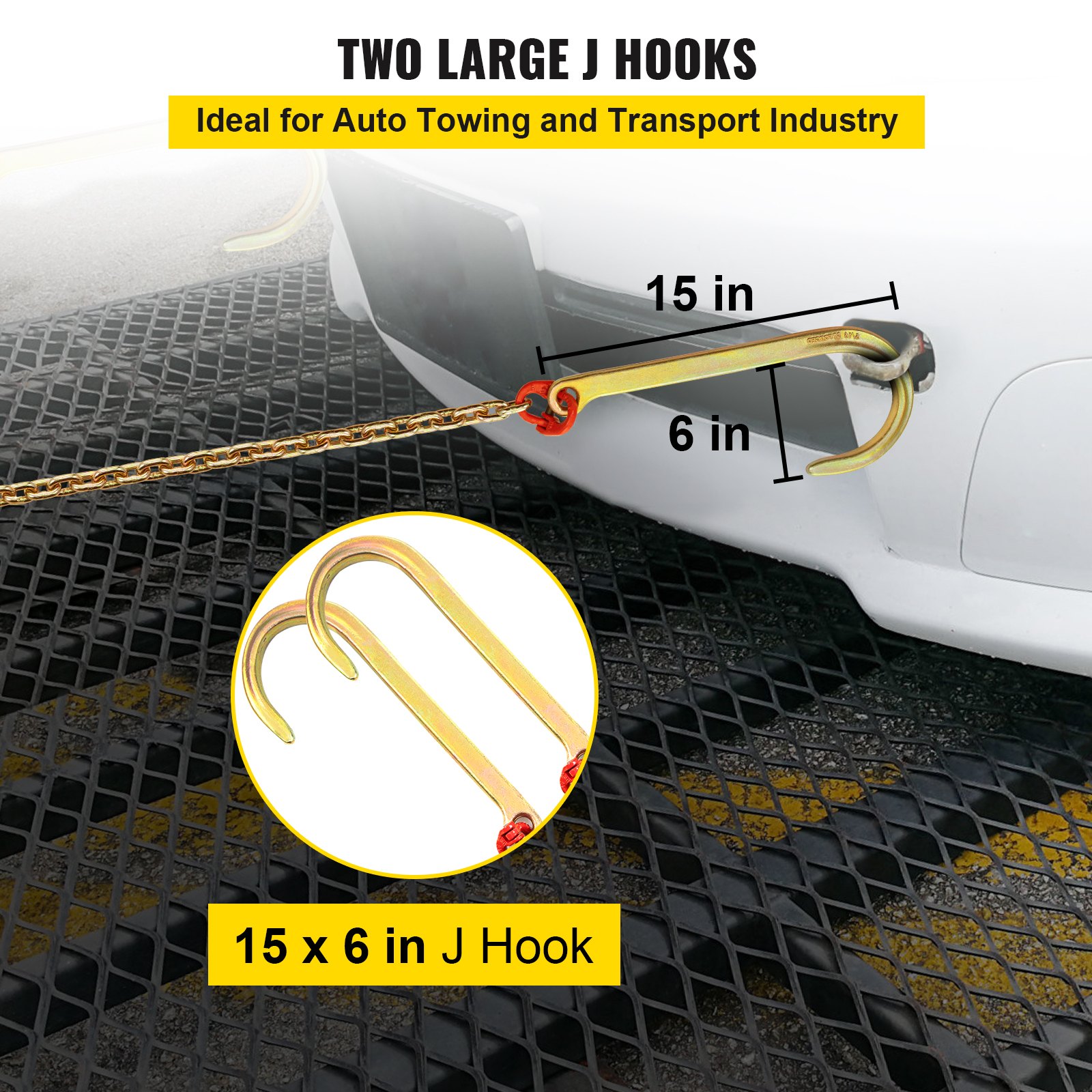 VEVOR J Hook Chain, 2PCS 8 mm x 300 cm G80 Long Shank J Hook Tow Chain with RTJ Cluster Hook & Grab Hook, 2448 kg Working Load, Heavy Duty Transport Truck Chain for Wrecker Recovery Trailer Towing
