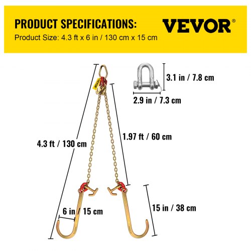 VEVOR V Bridle Chain, 5/16 in x 2 ft Tow Chain Bridle, Grade 80 V-Bridle Transport Chain, 9260 lbs Break Strength with TJ Hooks