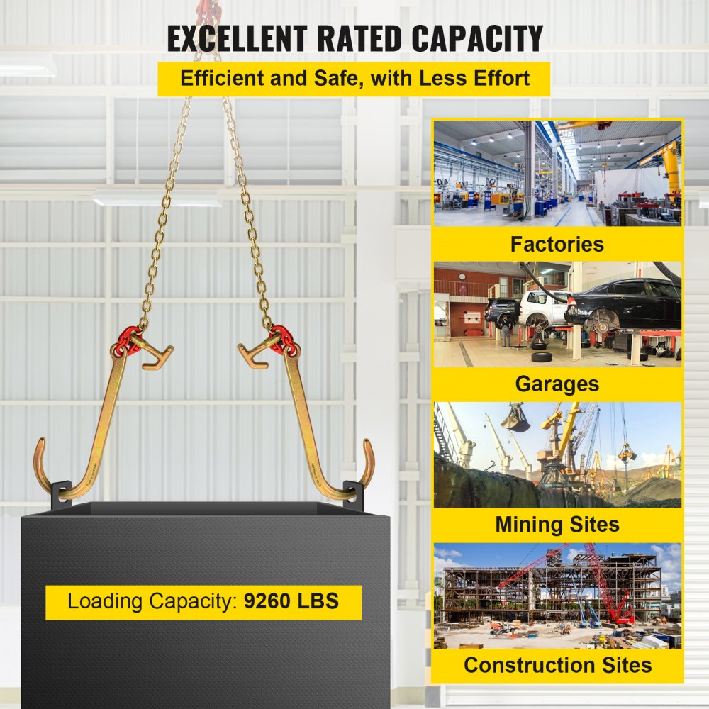 VEVOR V Bridle Chain, 5/16 in x 2 ft Tow Chain Bridle, Grade 80 V-Bridle Transport Chain, 9260 Lbs Break Strength with TJ Hooks & Grab Hooks, Heavy Duty Pear Link Connector and Chain Shorteners