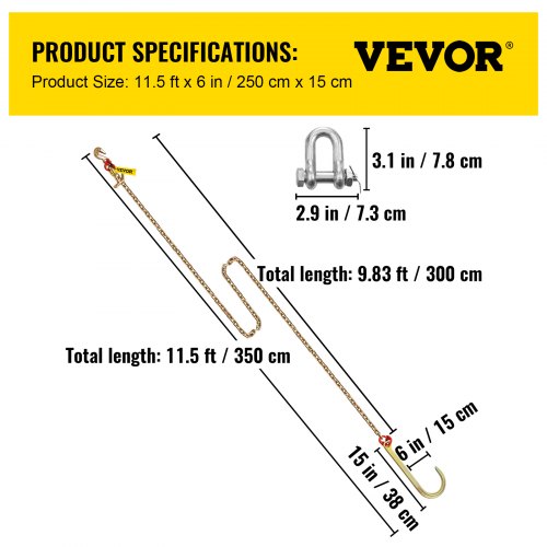 VEVOR J Hook Chain, 5/16 in x 10 ft Bridle Tow Chain, Grade 80 Bridle Transport Chain, Alloy Steel Chain with J Hook, Safe J Hooks Towing Strap, 9260 Lbs Break Strength Tow Hooks for Trucks