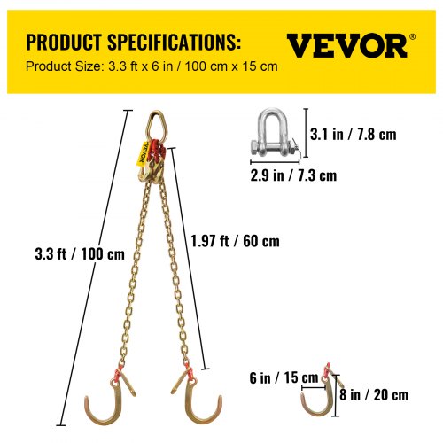 VEVOR V Chain with TJ Hooks and Crab Hooks, 23.6"X0.3" G80 Alloy Steel Chain J Hook Chains for Towing, 9260 lbs Working Load Limit Bridle Tow Chain, Bridle Chain Truck Towing Straps Safe Hook 2PCS