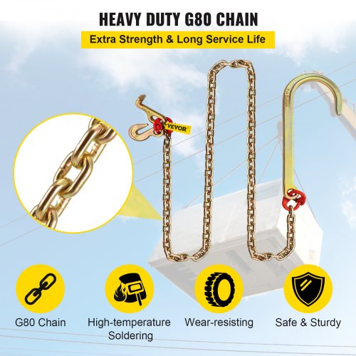 VEVOR J Hook Chain, 5/16 in x 6 ft Tow Chain Bridle, Grade 80 J Hook Transport Chain, 9260 Lbs Break Strength with JT Hook & Grab Hook, Tow Hooks for Trucks, Heavy Duty J Hook and Chain Shorteners