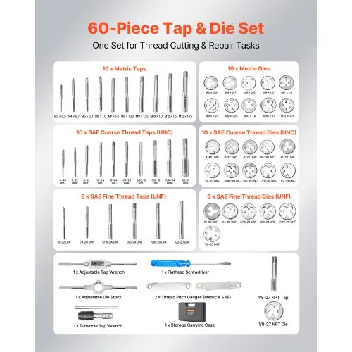 81-Piece Tap And Die Set, SAE Metric - Standard Sizes 4 To 1/2 Inch - View #2