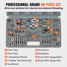 VEVOR Tap and Die Set, 60-Piece Metric and SAE Standard, Bearing Steel Taps and Dies, Essential Threading Tool for Cutting External Internal Threads, with Complete Accessories and Storage Case