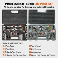 VEVOR Tap and Die Set, 80-Piece Metric and SAE Standard, Bearing Steel Taps and Dies, Essential Threading Tool for Cutting External Internal Threads, with Complete Accessories and Storage Case