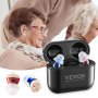 Audífonos VEVOR para personas mayores, amplificadores auditivos recargables con cancelación de ruido y control de volumen, dispositivo de asistencia auditiva intraauricular digital con estuche de carga y 8 pares de tapones.
