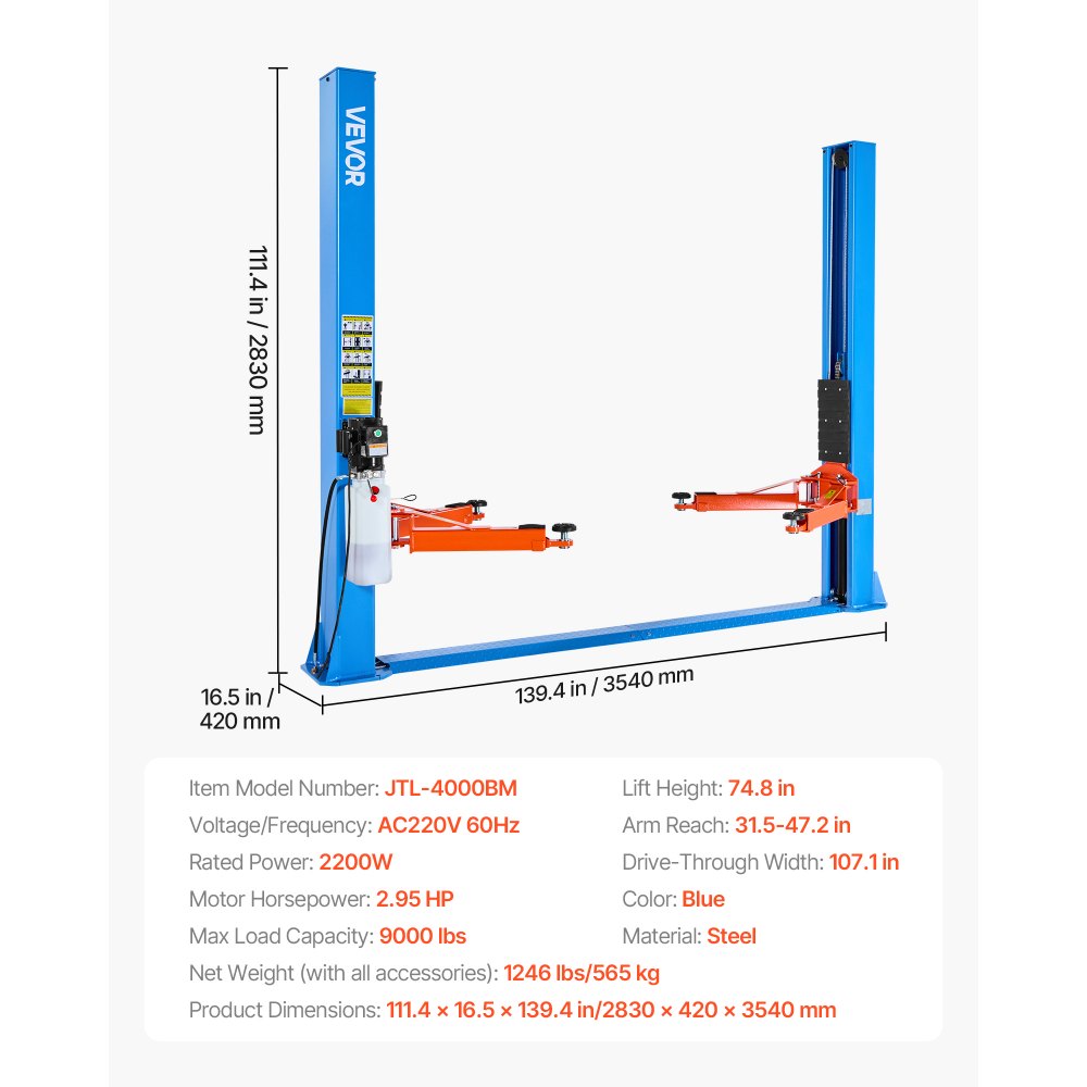 VEVOR 2 Post Lift, 9000 lbs Capacity, 220V 2.95 HP Powerful Motor, Two Post Car Lift Auto Hoist for Sedan SUV Pickup, Automotive Hoist 74.8 Inch Height for Home Garage, Repair Shop, Workshop, Blue