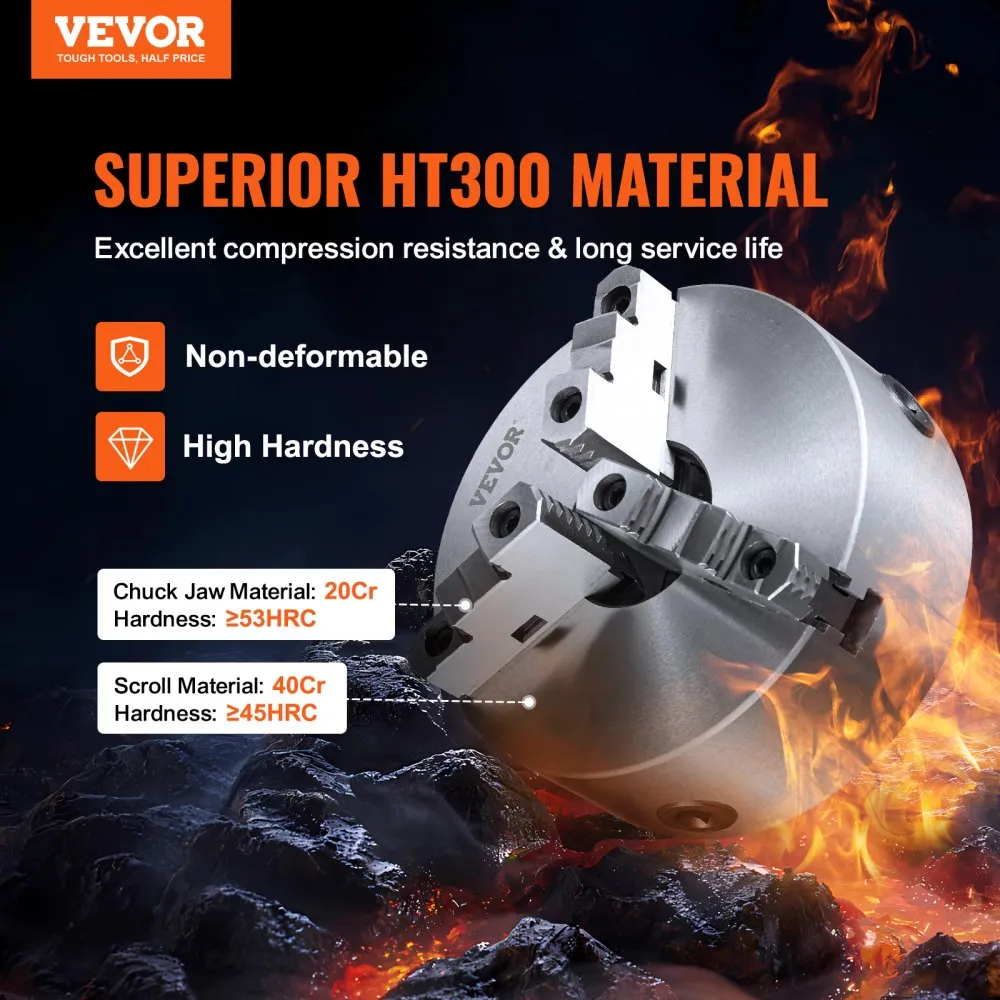 VEVOR 3-Jaw Lathe Chuck, 10'', Self-Centering Lathe Chuck, 0.24-9.84 in/6-250 mm Clamping Range with T-key Fixing Screws Hexagon Wrench, for Lathe 3D Printer Machining Center Milling Drilling Machine