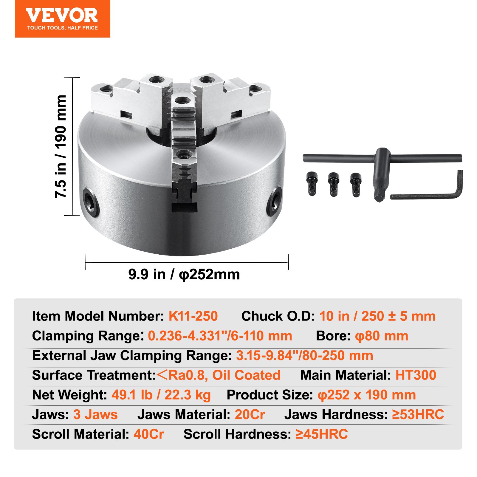 VEVOR 3-Jaw Lathe Chuck, 10'', Self-Centering Lathe Chuck, 0.24-9.84 in/6-250 mm Clamping Range with T-key Fixing Screws Hexagon Wrench, for Lathe 3D Printer Machining Center Milling Drilling Machine