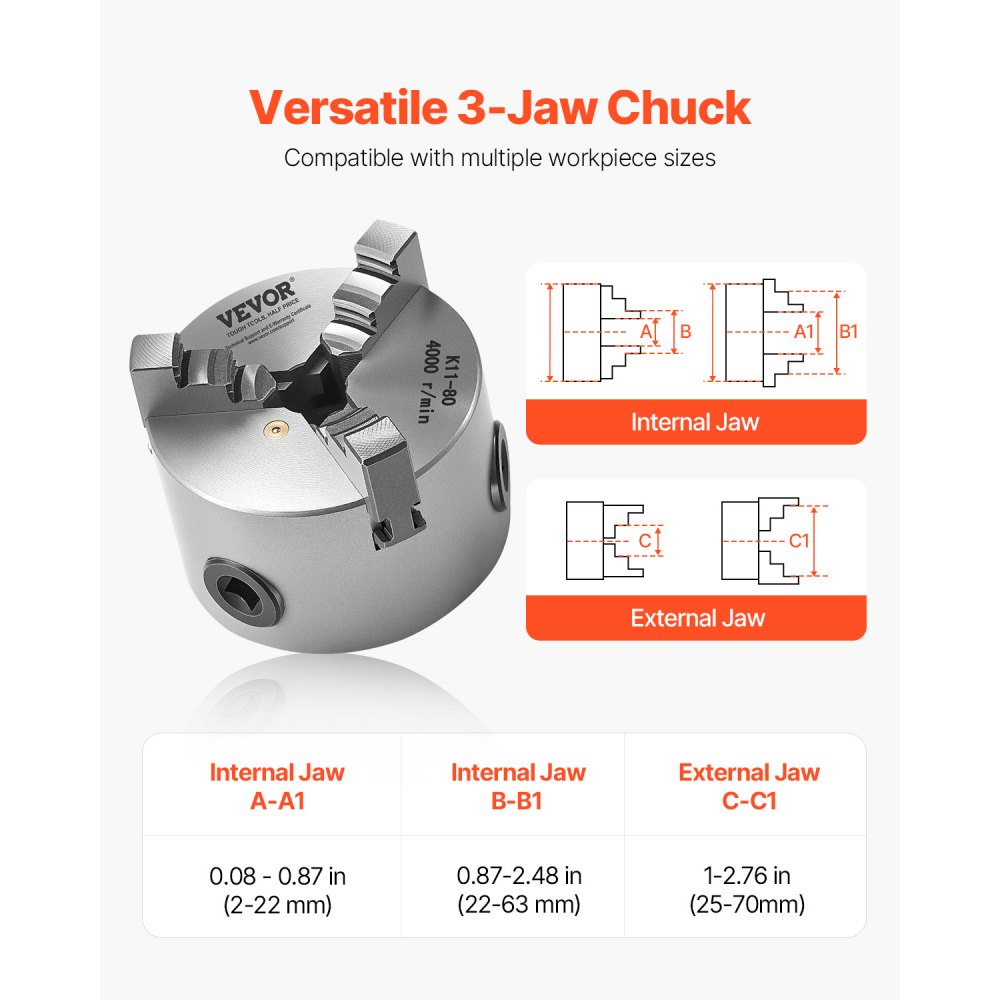 VEVOR 3-Jaw Lathe Chuck, 3 Inch (80 mm), Self-Centering Chuck, 0.08-2.48 in (2-63 mm) Clamping Range with T-key Fixing Screws Reversible Jaws, HT300 Material, Internal External for Wood Metal Lathe