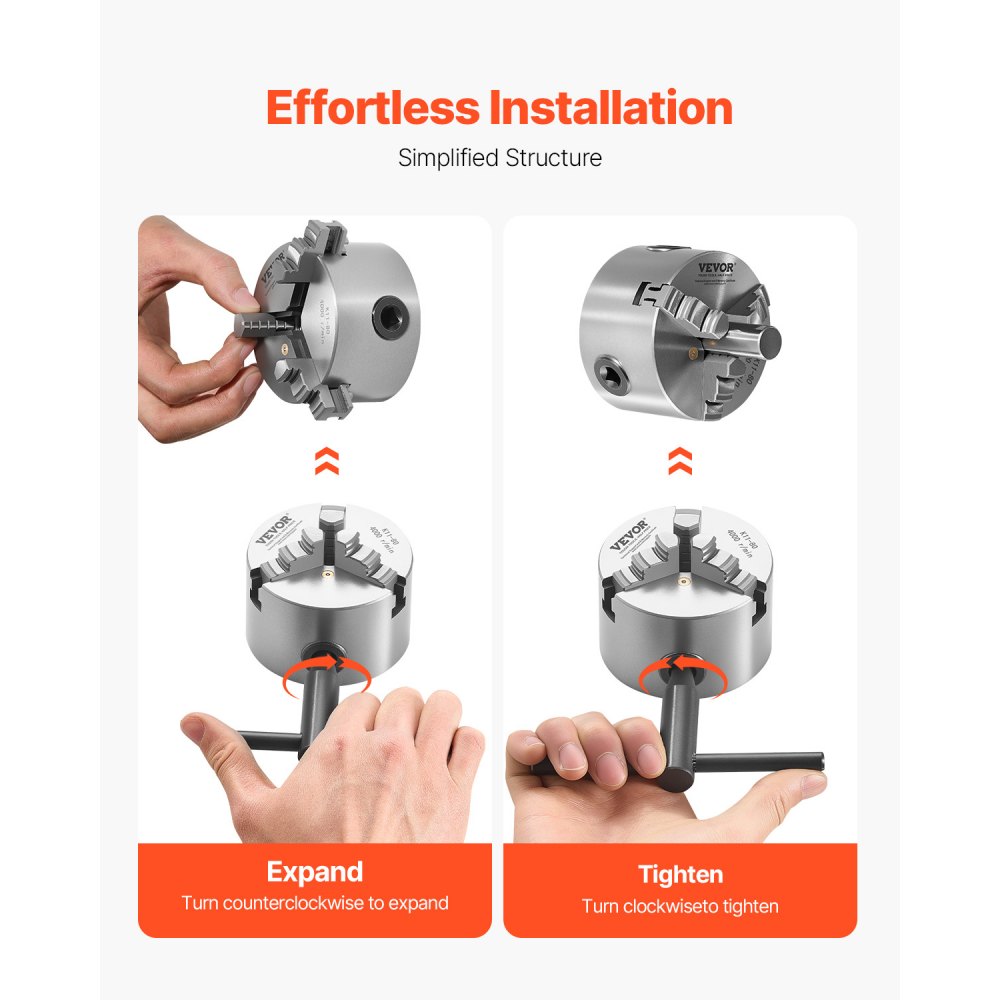 VEVOR 3-Jaw Lathe Chuck, 3 Inch (80 mm), Self-Centering Chuck, 0.08-2.48 in (2-63 mm) Clamping Range with T-key Fixing Screws Reversible Jaws, HT300 Material, Internal External for Wood Metal Lathe
