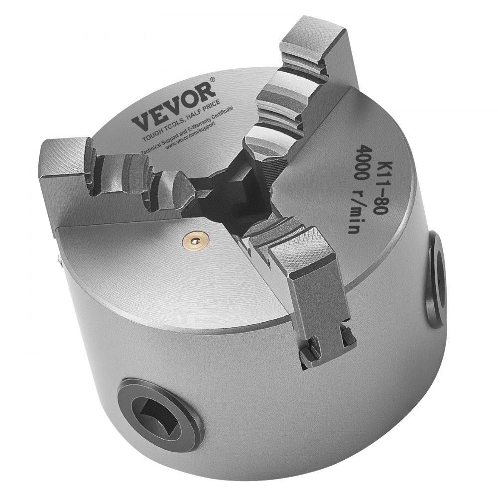 VEVOR 3-Jaw Lathe Chuck, 3 Inch (80 mm), Self-Centering Chuck, 0.08-2.48 in (2-63 mm) Clamping Range with T-key Fixing Screws Reversible Jaws, HT300 Material, Internal External for Wood Metal Lathe