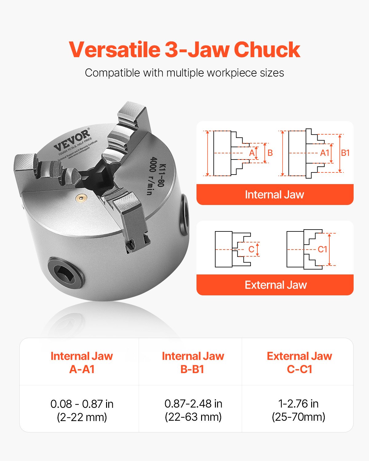 VEVOR 3-Jaw Lathe Chuck, 3 Inch (80 mm), Self-Centering Chuck, 0.08-2.48 in (2-63 mm) Clamping Range with T-key Fixing Screws Reversible Jaws, HT300 Material, Internal External for Wood Metal Lathe
