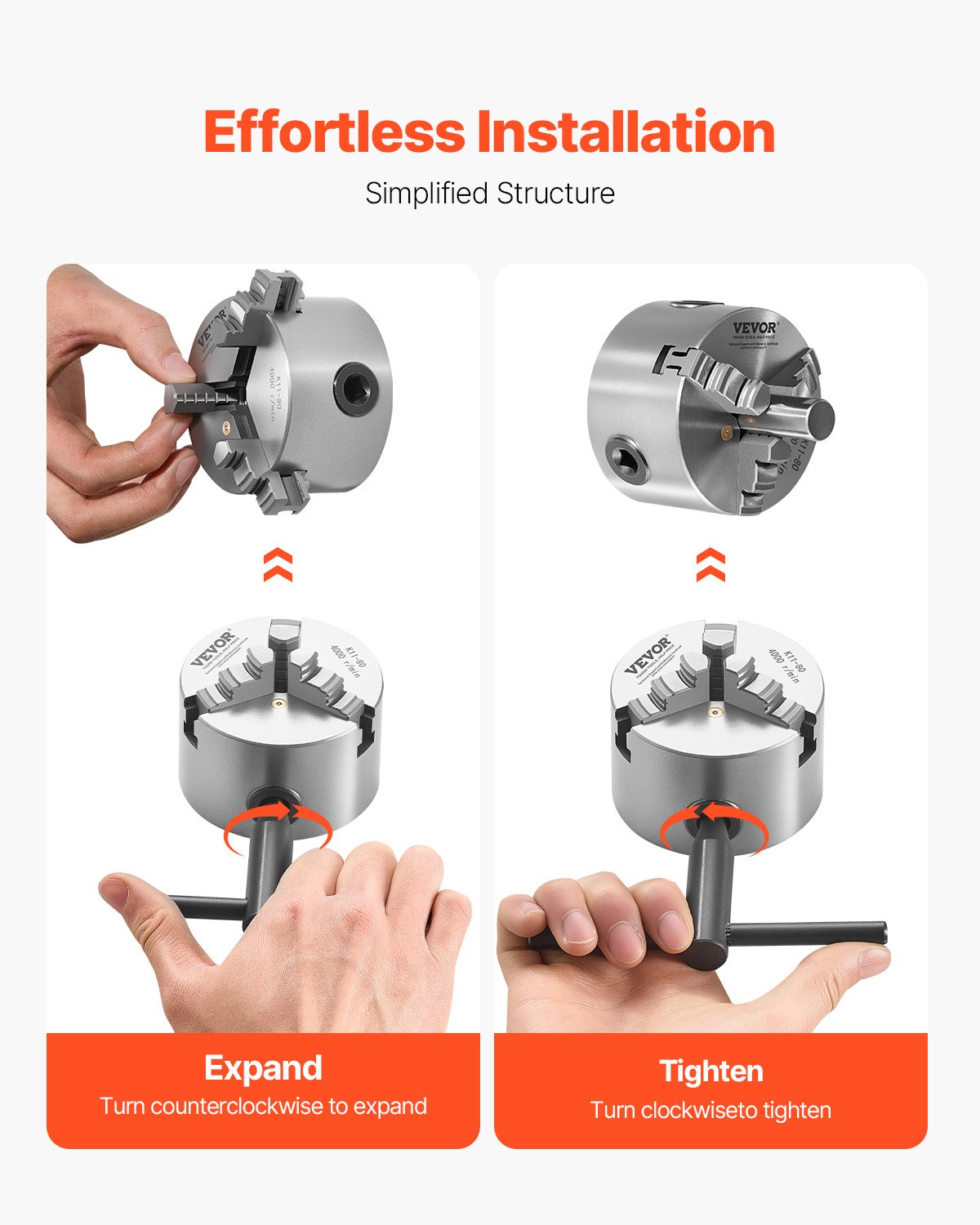 VEVOR 3-Jaw Lathe Chuck, 3 Inch (80 mm), Self-Centering Chuck, 0.08-2.48 in (2-63 mm) Clamping Range with T-key Fixing Screws Reversible Jaws, HT300 Material, Internal External for Wood Metal Lathe