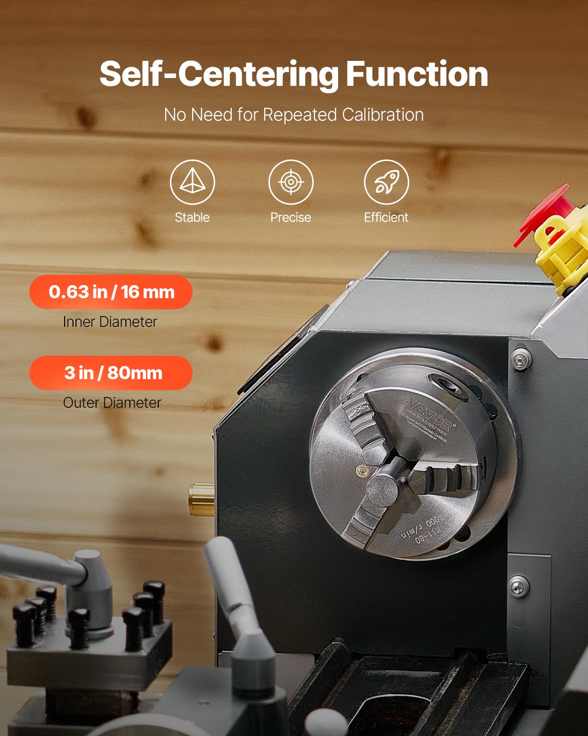 VEVOR 3-Jaw Lathe Chuck, 3 Inch (80 mm), Self-Centering Chuck, 0.08-2.48 in (2-63 mm) Clamping Range with T-key Fixing Screws Reversible Jaws, HT300 Material, Internal External for Wood Metal Lathe