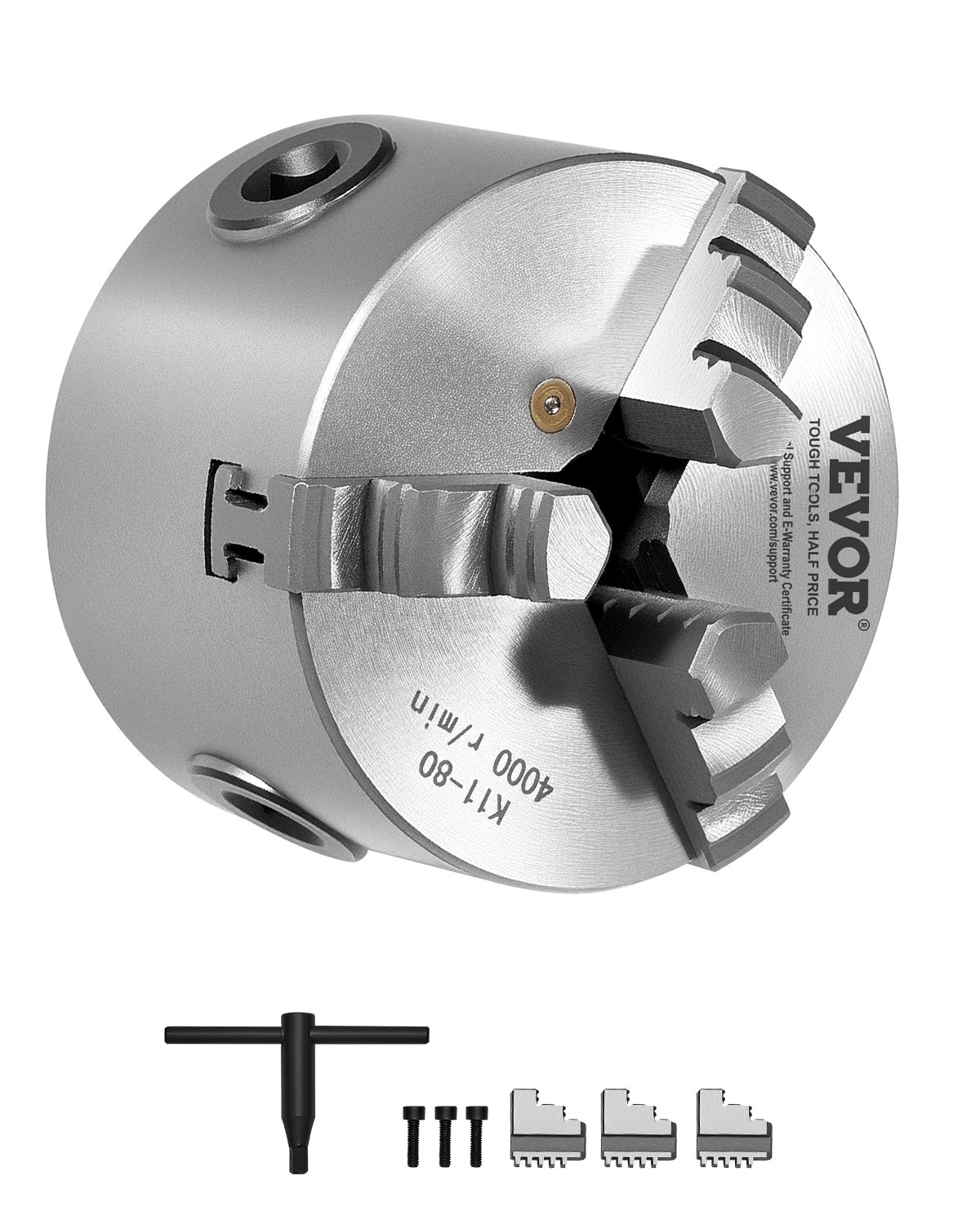 VEVOR 3-Jaw Lathe Chuck, 3 Inch (80 mm), Self-Centering Chuck, 0.08-2.48 in (2-63 mm) Clamping Range with T-key Fixing Screws Reversible Jaws, HT300 Material, Internal External for Wood Metal Lathe