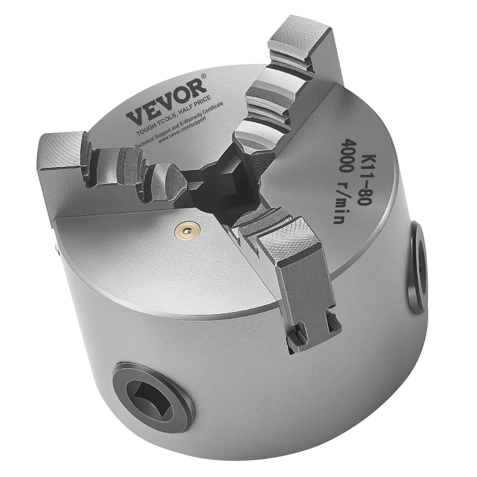 VEVOR 3-Jaw Lathe Chuck, 3 Inch (80 mm), Self-Centering Chuck, 0.08-2.48 in (2-63 mm) Clamping Range with T-key Fixing Screws Reversible Jaws, HT300 Material, Internal External for Wood Metal Lathe