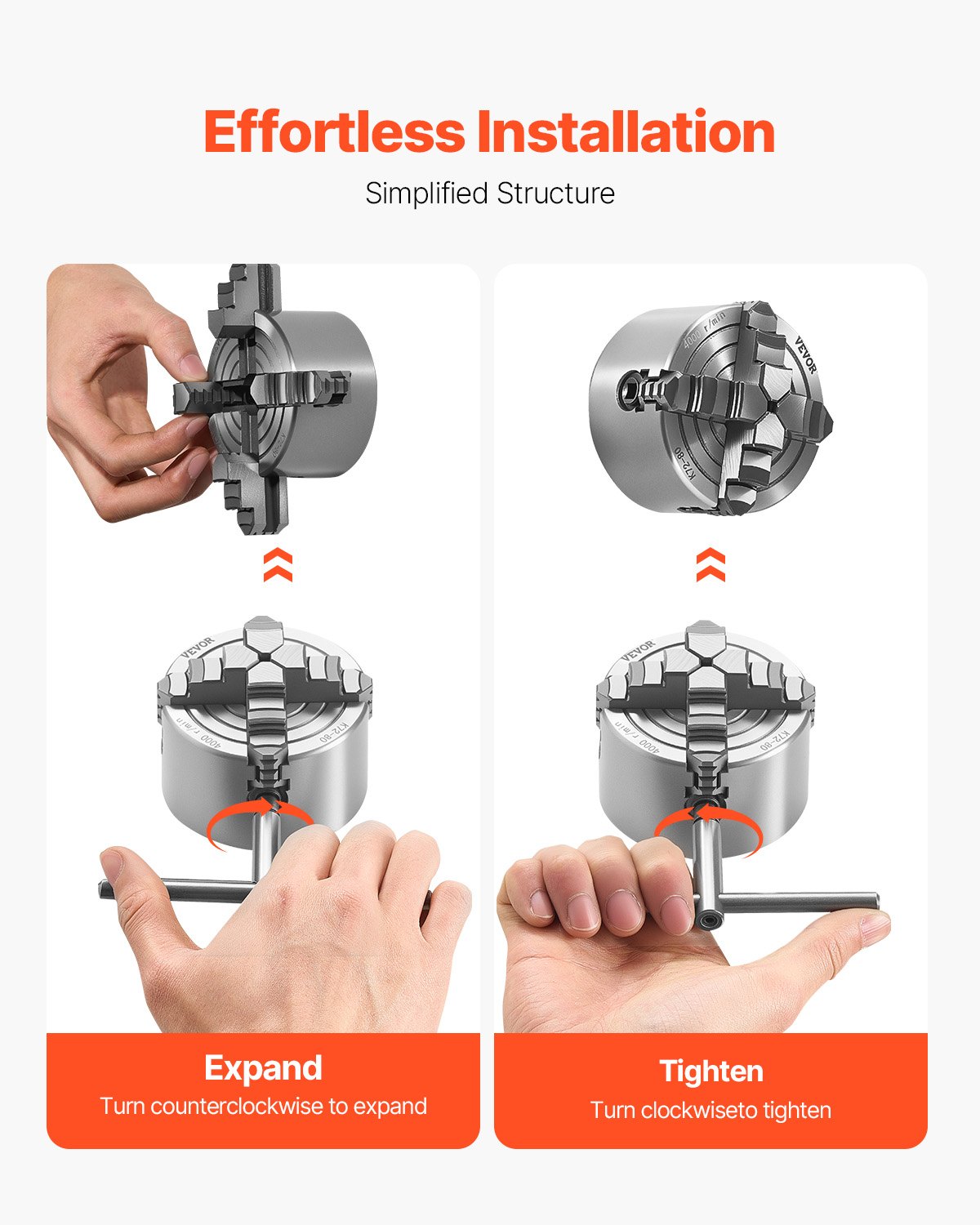 VEVOR 4-Jaw Lathe Chuck, 3 Inch (80 mm), 4-Jaw Chuck, 0.1-3.15 in (5-80 mm) Clamping Range with T-key Fixing Screws Reversible Jaws, HT300 Material, Internal External for Wood Metal Lathe