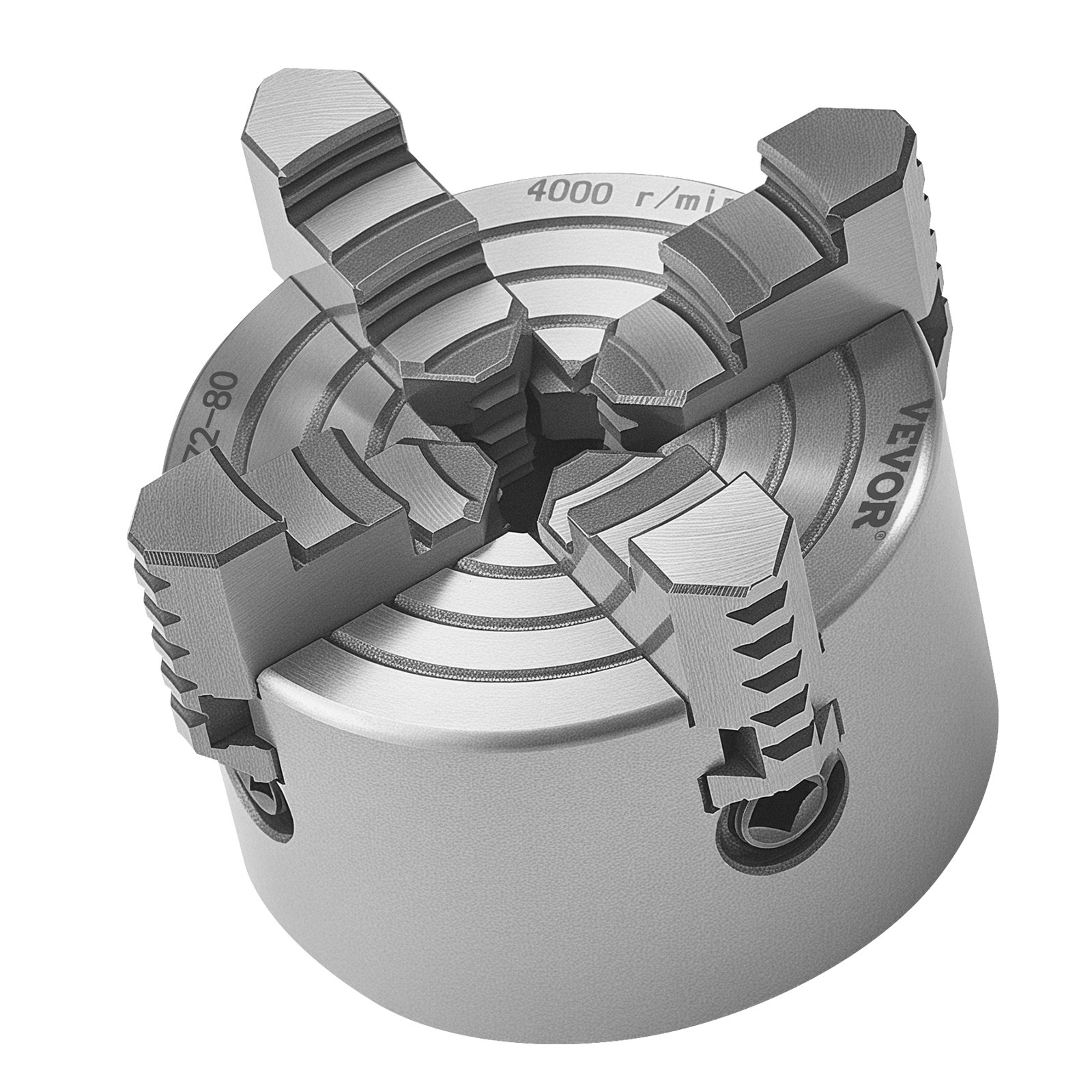 VEVOR 4-Jaw Lathe Chuck, 3 Inch (80 mm), 4-Jaw Independent Chuck, 0.1-3.15 in (5-80 mm) Clamping Range with T-key Fixing Screws Reversible Jaws, HT300 Material, Internal External for Wood Metal Lathe