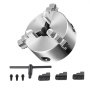 VEVOR 3-jaw lathe chuck with included wrench, screws, and extra jaws on white background.