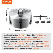 VEVOR 3-Jaw Lathe Chuck, 4'', Self-Centering Lathe Chuck, 0.08-4 in/2 -100 mm Clamping Range with T-key Fixing Screws Reversible Jaws, for Lathe 3D Printer Machining Center Milling Drilling Machine