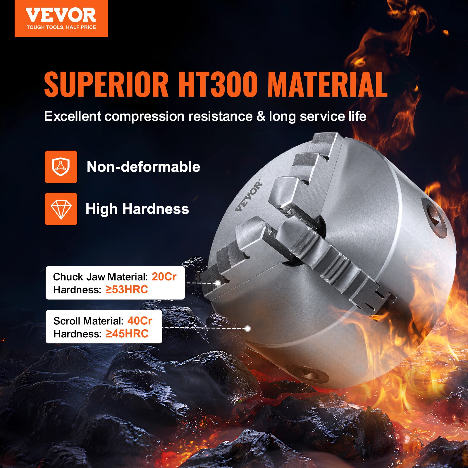 VEVOR 3-jaw lathe chuck with high hardness ht300 material and non-deformable properties.