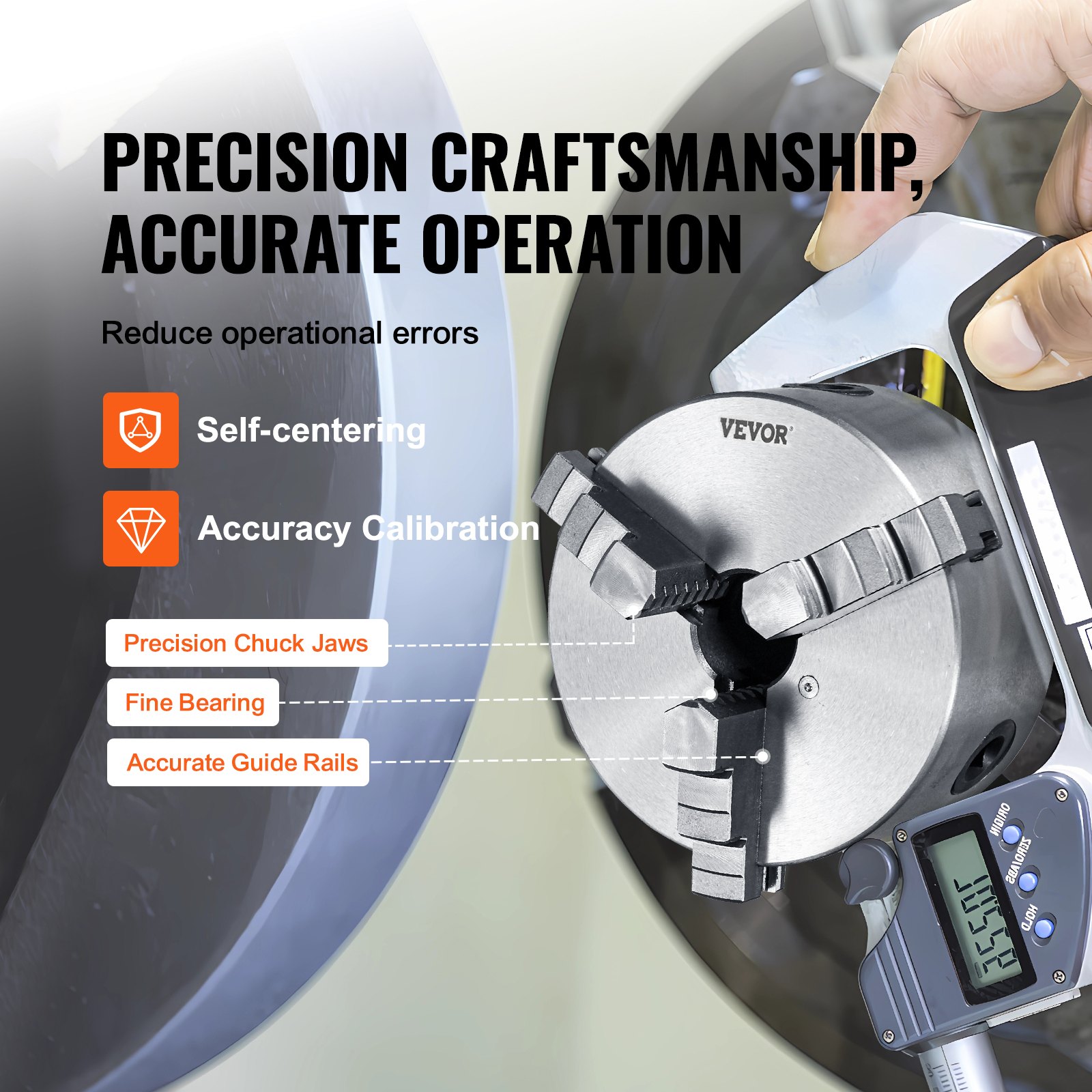 VEVOR 3-jaw lathe chuck with self-centering, accuracy calibration, precision chuck jaws, fine bearing.