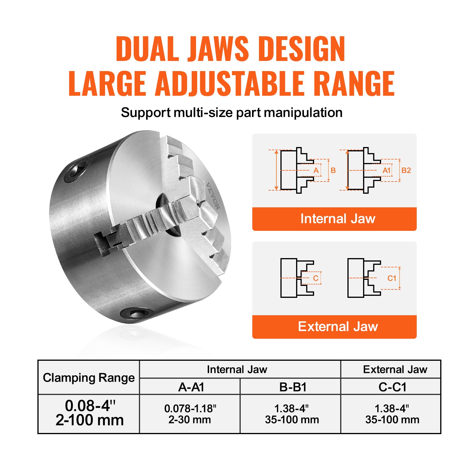VEVOR 3-jaw lathe chuck with dual jaws design, adjustable clamping range 2-100 mm for multi-size parts.
