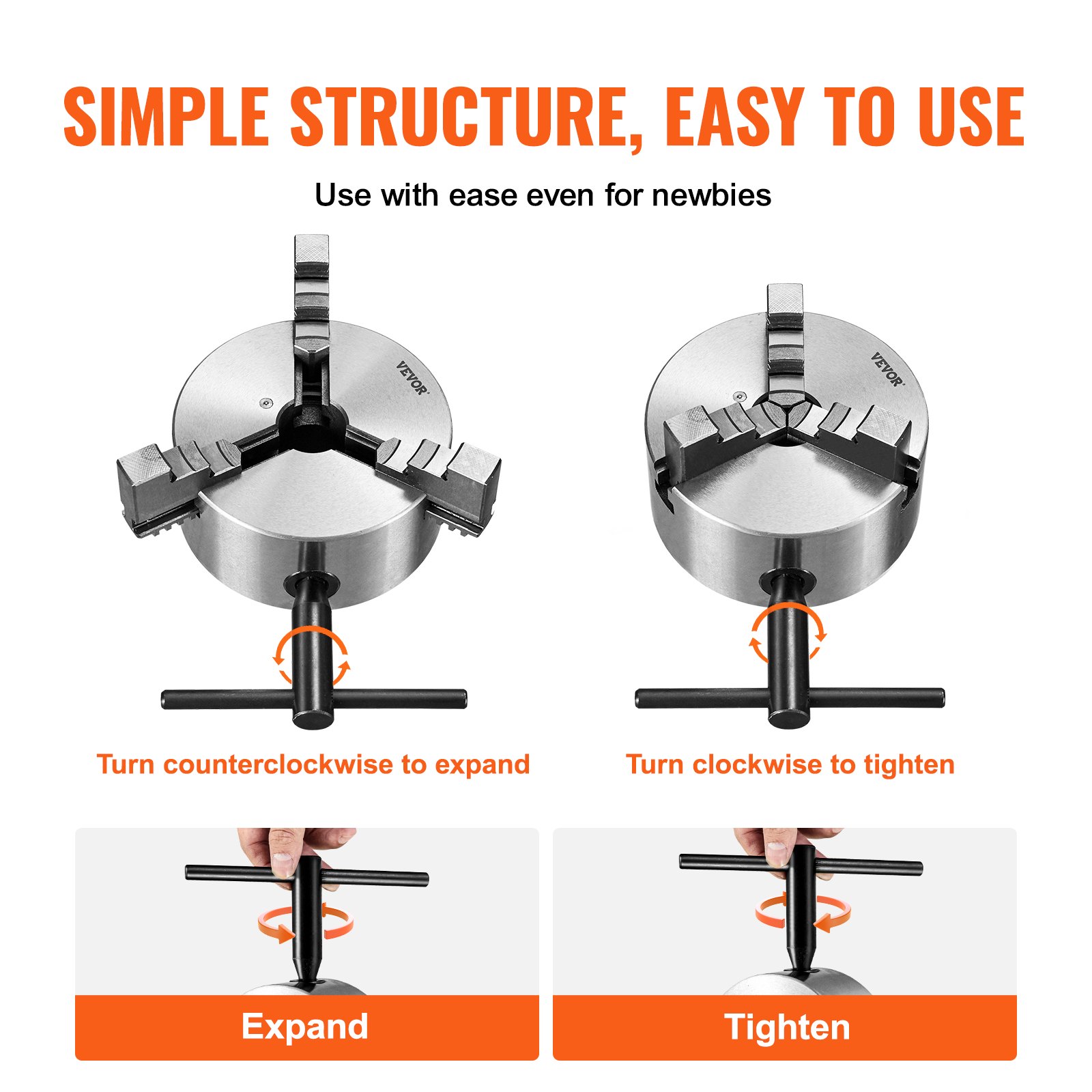 VEVOR 3-jaw lathe chuck with instructions to expand counterclockwise and tighten clockwise.