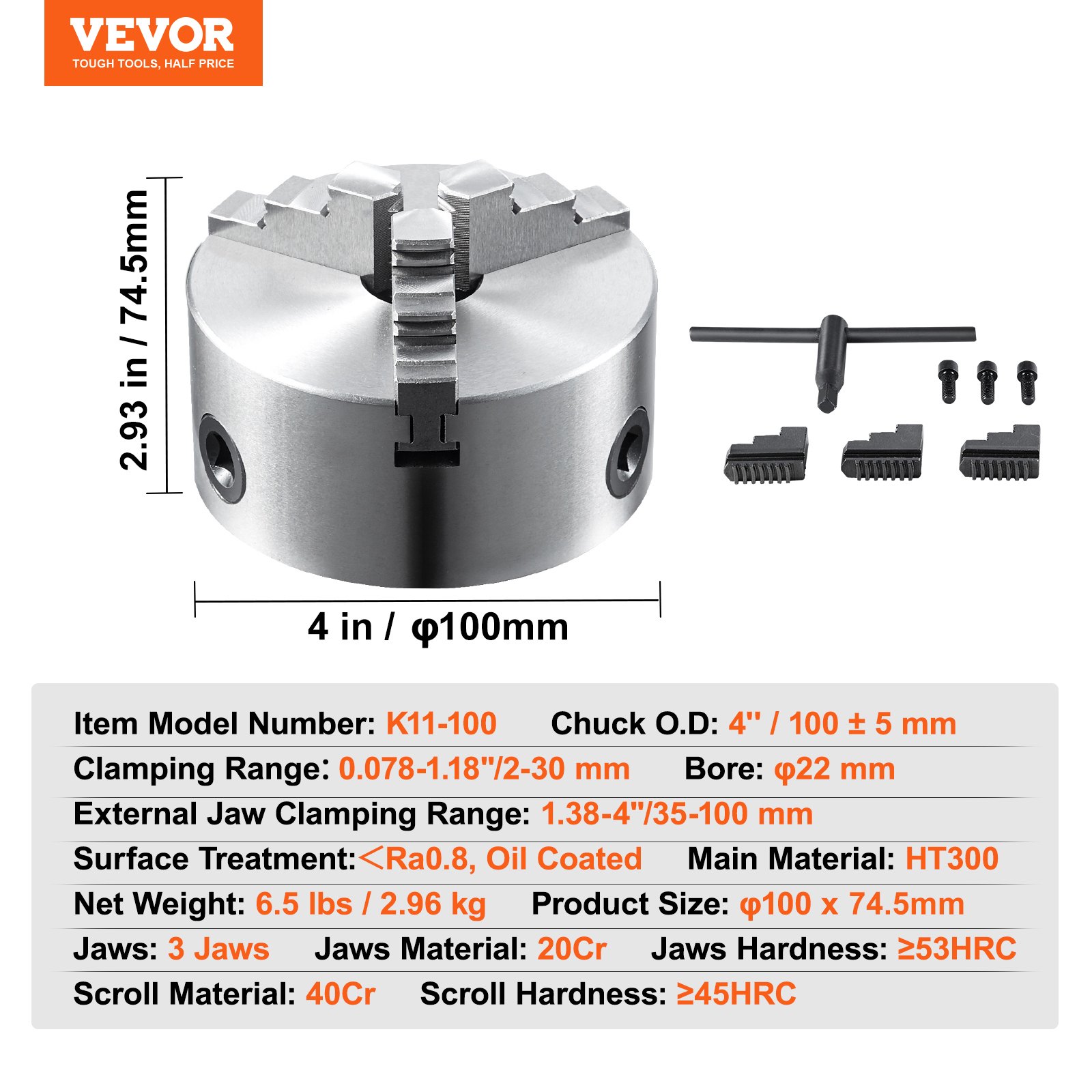 VEVOR 3-jaw lathe chuck, 4-inch diameter, detailed product specs with included accessories.