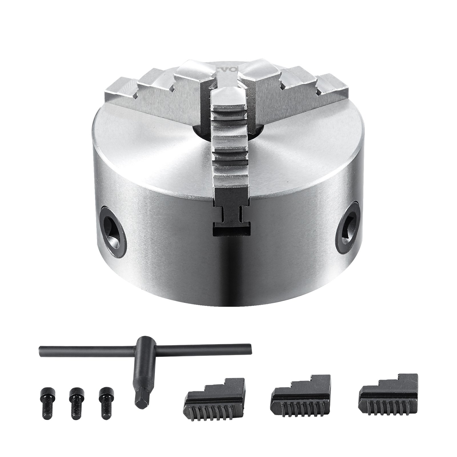 VEVOR 3-jaw lathe chuck with accessories, including t-handle, screws, and additional jaws.