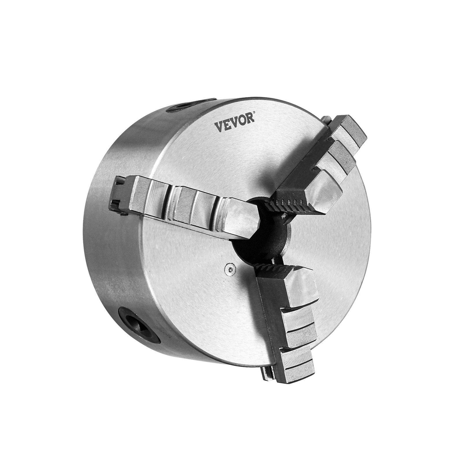 VEVOR 3-jaw lathe chuck with stainless steel finish and three gripping jaws.